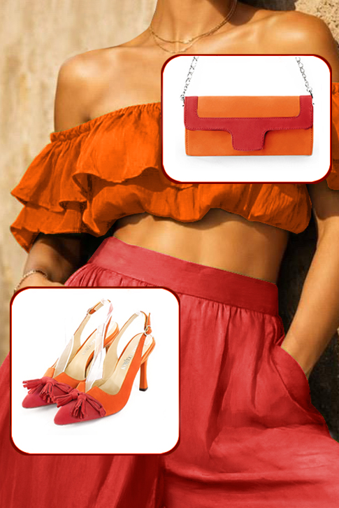 Women's scarlet red and clementine orange elegant slingback heels, with a bow on the front. Tapered toe. High spool heels - Top view